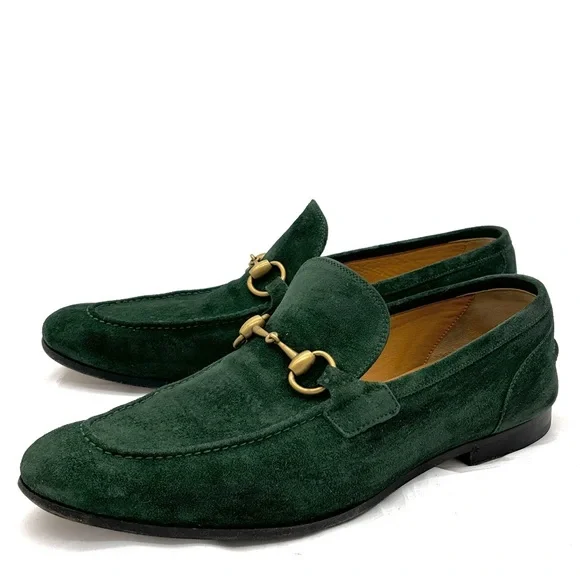 Gucci Jordaan Green Suede Horsebit Loafers - Picture 2 of 12